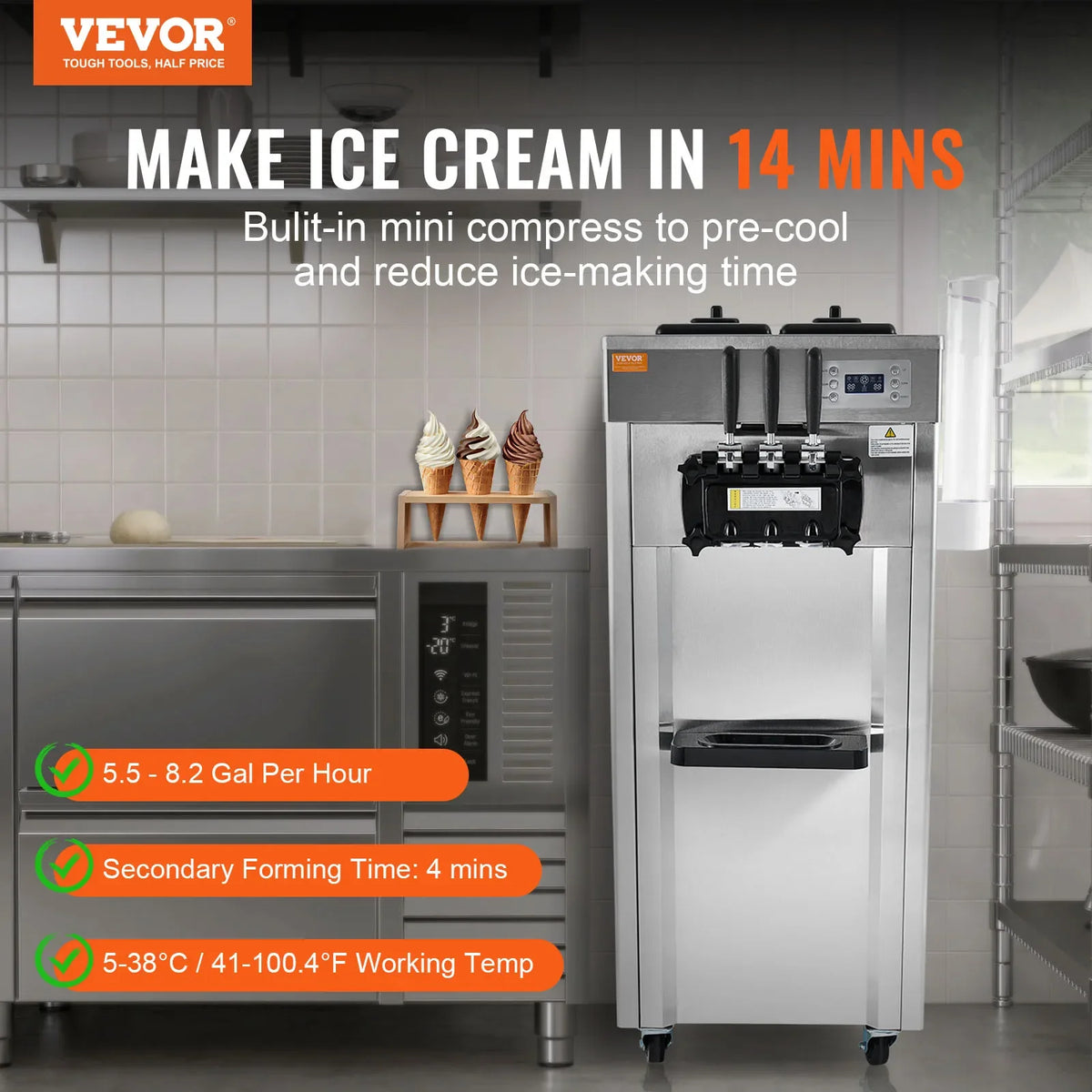 2200W Commercial Soft Ice Cream Machine 3 Flavors 5.3 to 7.4Gallon per Hour PreCooling at Night Auto Clean LCD Panel