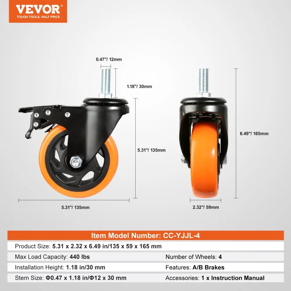 2/3/4/5/6-inch Swivel Plate Casters Set of 4 with Security Dual Locking PVC Caster Wheels for Cart Furniture Workbench
