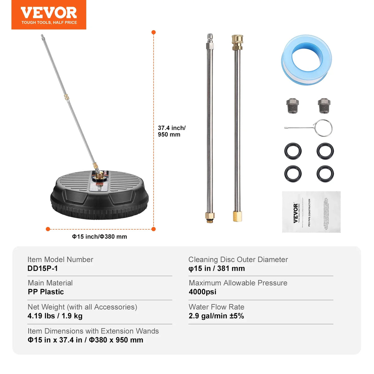 Floor Surface Pressure Cleaner Universal 15" Pressure Washer Attachment W/ 1/4" Quick-Connector Power Concrete Cleaner