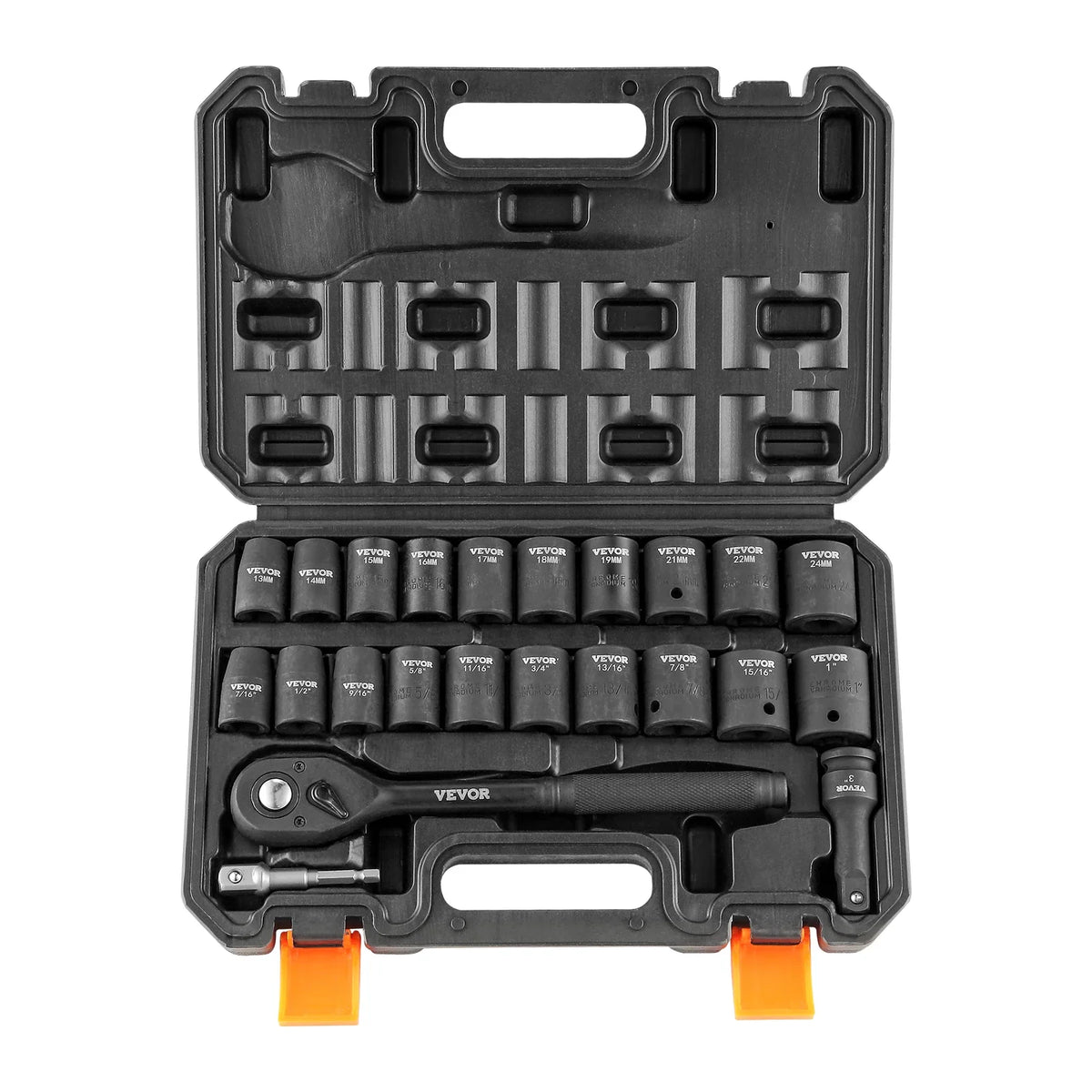 23 Piece 1/2" Drive Impact Socket Set,  SAE （7/16" -1"）& Metric （13-24mm）6 Point Cr-V Alloy Steel for Auto Repair