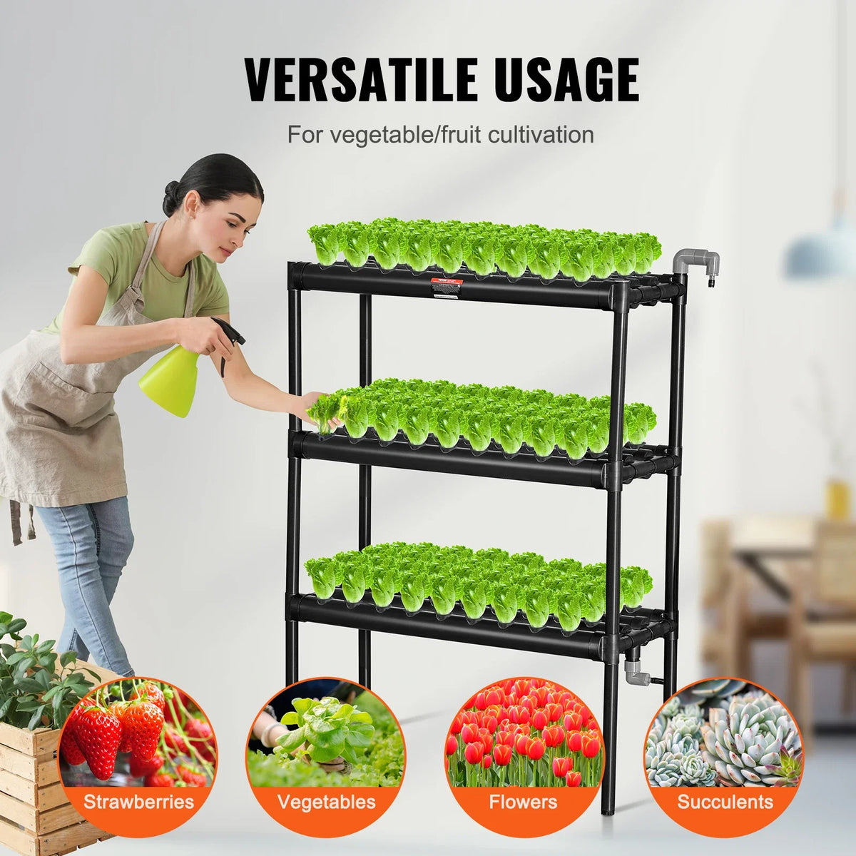 Hydroponics Growing System 108 Sites 3 Layers Dark Grey PVC Pipes Hydroponic Grow Kit with Water Timer Baskets and Sponges