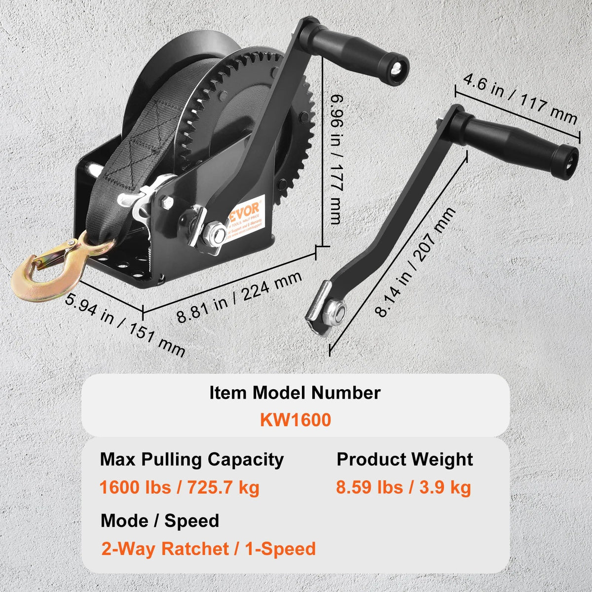 Hand Winch, 1200/1600/2000/3500 lbs Pulling Capacity, Manual Operated Hand Crank Winch for Trailer, Boat or ATV Towing