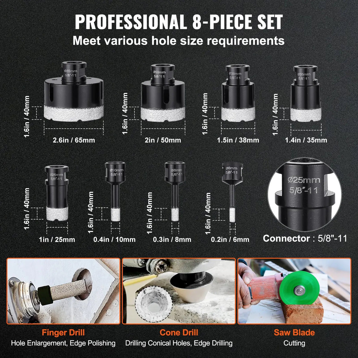 Diamond Core Drill Bit Set, 6/7/8/11PCS Diamond Hole Saw Kit, with 5/8"-11 Connector and Storage Case, for Dry and Wet