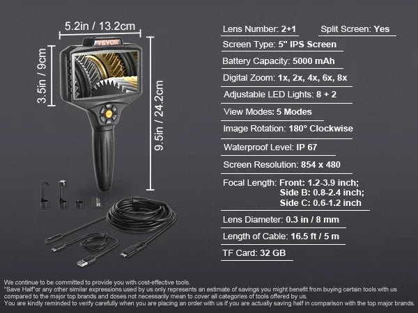 Triple Lens Borescope 5" IPS Screen Inspection Camera with Lights 8X Zoom 1080P HD Split Screen for AutomotivePlumbing