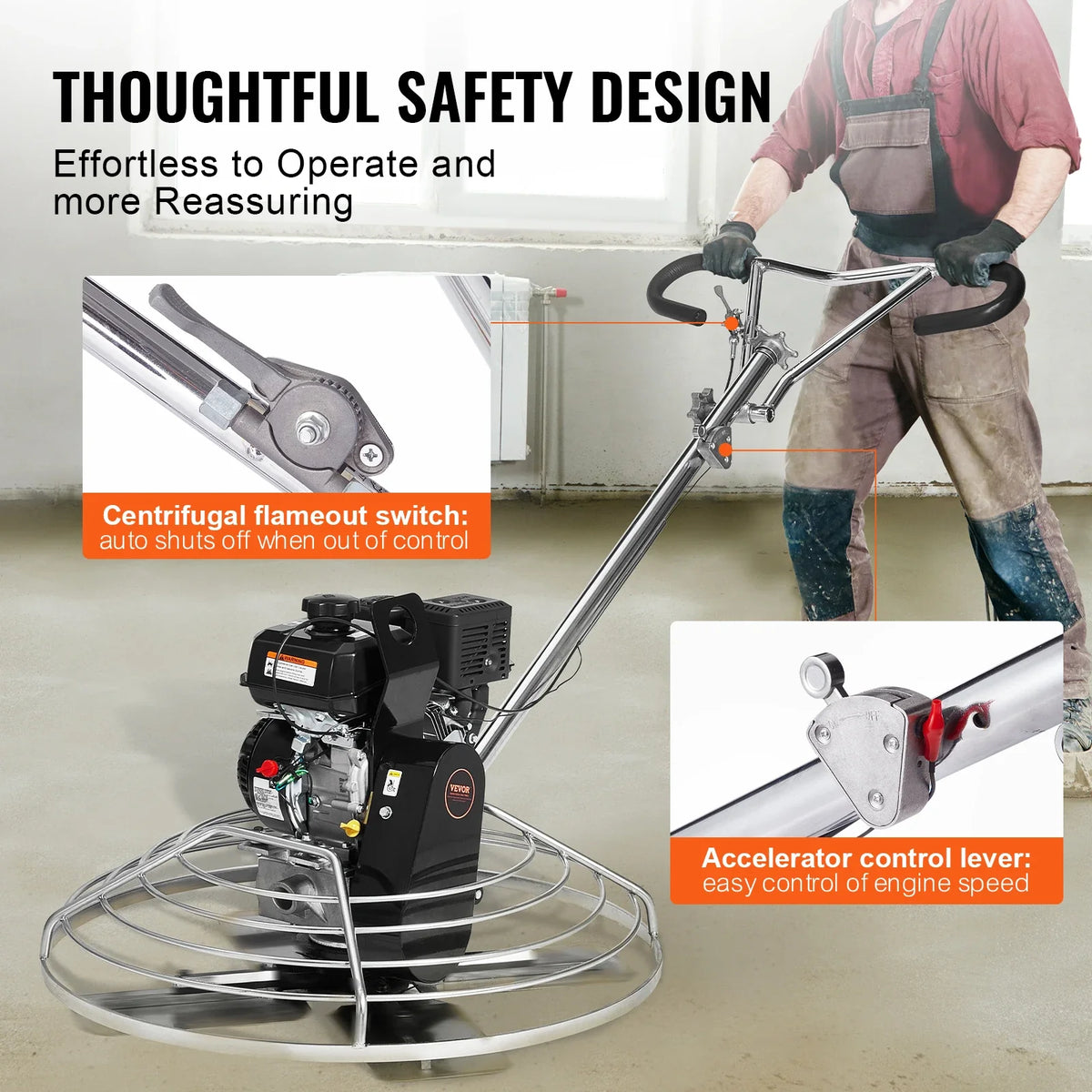 Power Trowel, 38” Walk-Behind Cement Trowel with Float Pan, 6HP Gas-Powered Smooth Concrete Surface Finisher, Orange