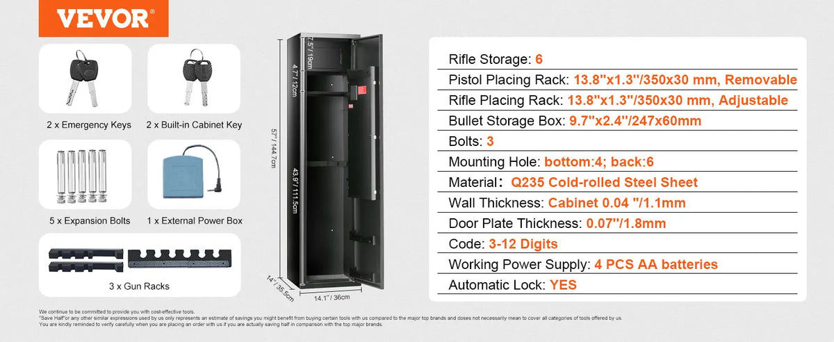 6 Rifles Gun Safe Rifle Safe W/ Fingerprint & Digital Keypad Lock Removable Gun Storage Cabinet W/ Built-in Storage Locker