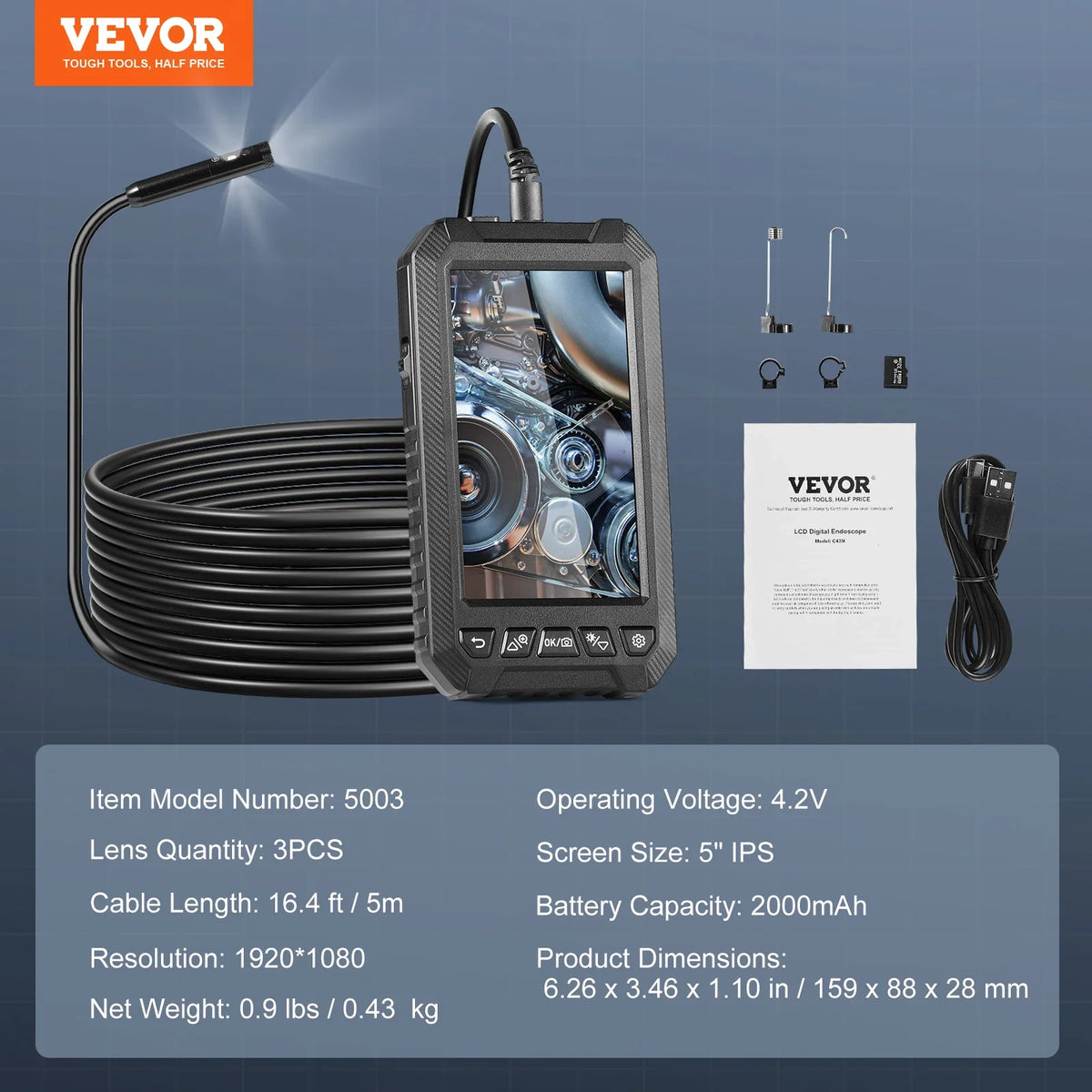 Endoscope Camera with Light Triple Lens Industrial Borescope 5" Screen 1080P Inspection Camera for Automotive, Plumbing