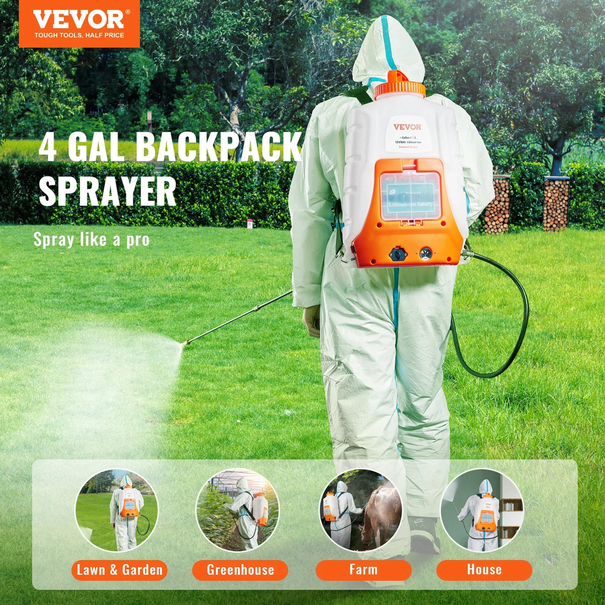 Battery Powered Backpack Sprayer, 0-90 PSI Adjustable Pressure, 4 Gallon Tank,Back Pack Sprayer with 8 Nozzles and 2 Wands