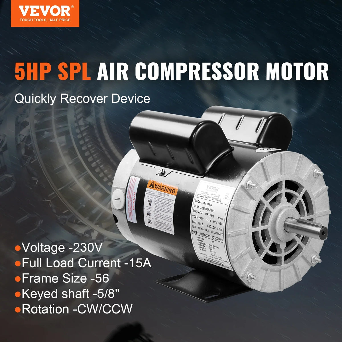 Electric Air Compressor Motor 230V 15.0Amps 3450RPM 5/8" Keyed Shaft CW/CCW Rotation Single Phase Motor for Air Compressor