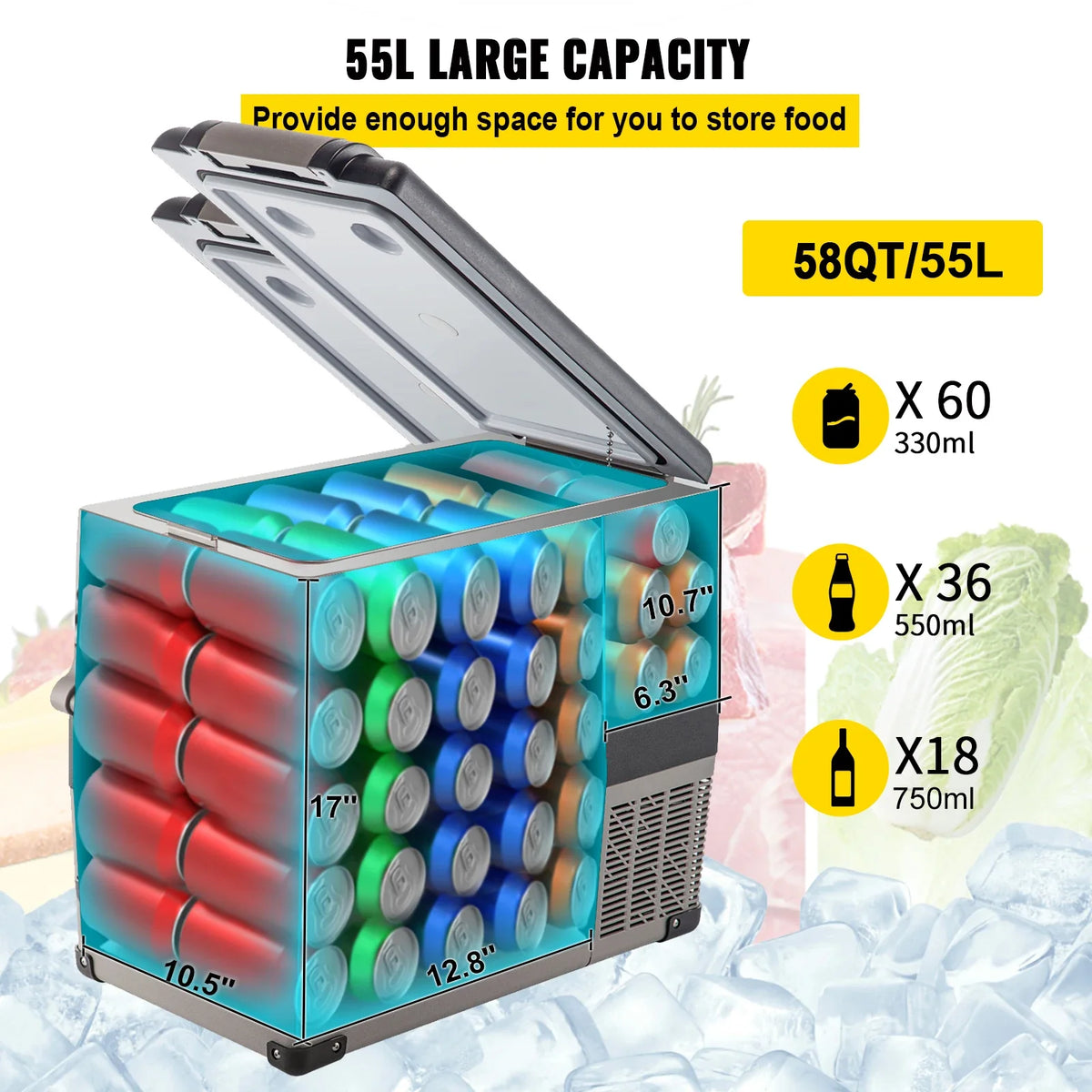 55L Car Refrigerator Mini Fridge Freezer Portable Compressor Cooler 12/24V DC 110-240V Ice Box for Camping