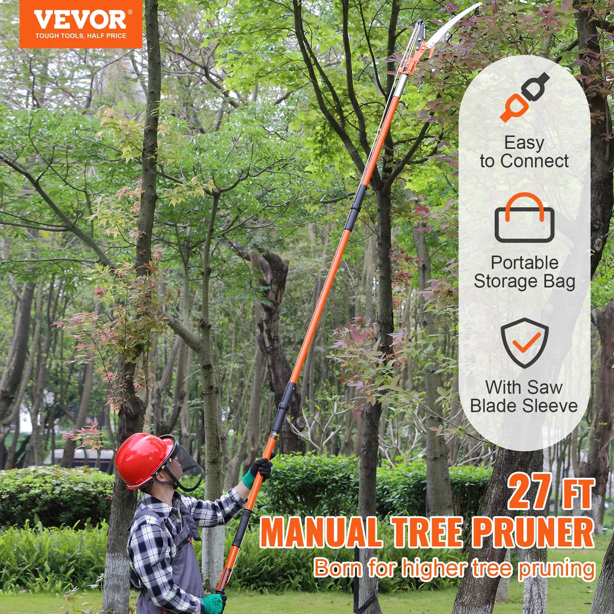 Manual Pole Saw 7.3-27 ft Extendable Tree Pruner High Branches Trimming w/8 Fiberglass Handles for Pruning Palms & Shrubs