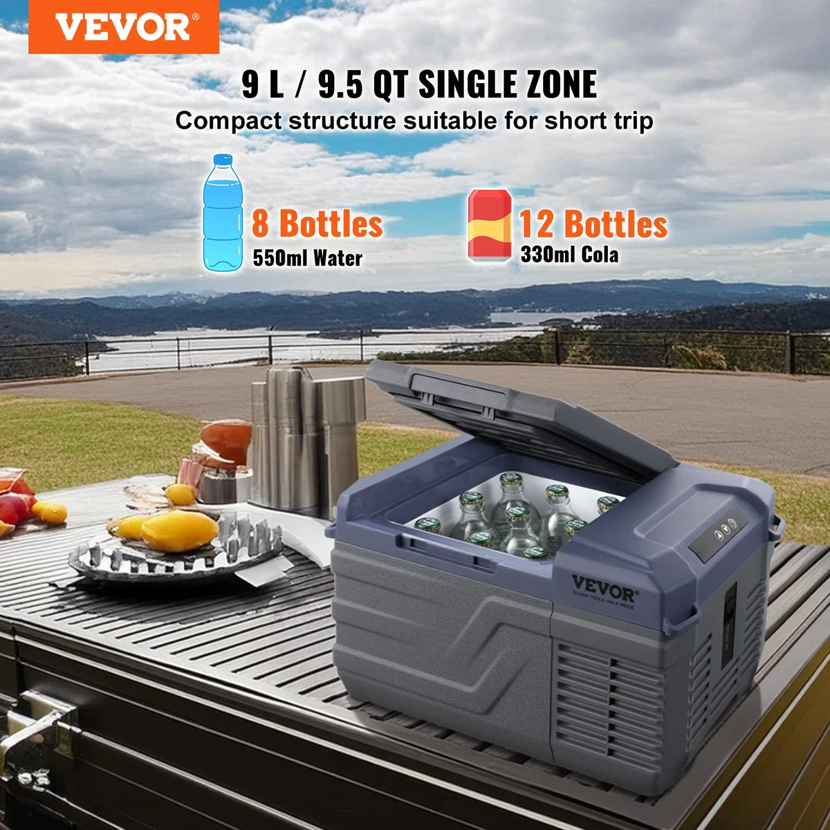 9L Car Refrigerator, 12V Car Fridge,Single Zone Portable Freezer,-4℉-68℉ Range,12/24V DC and 100-240V AC Compressor Cooler
