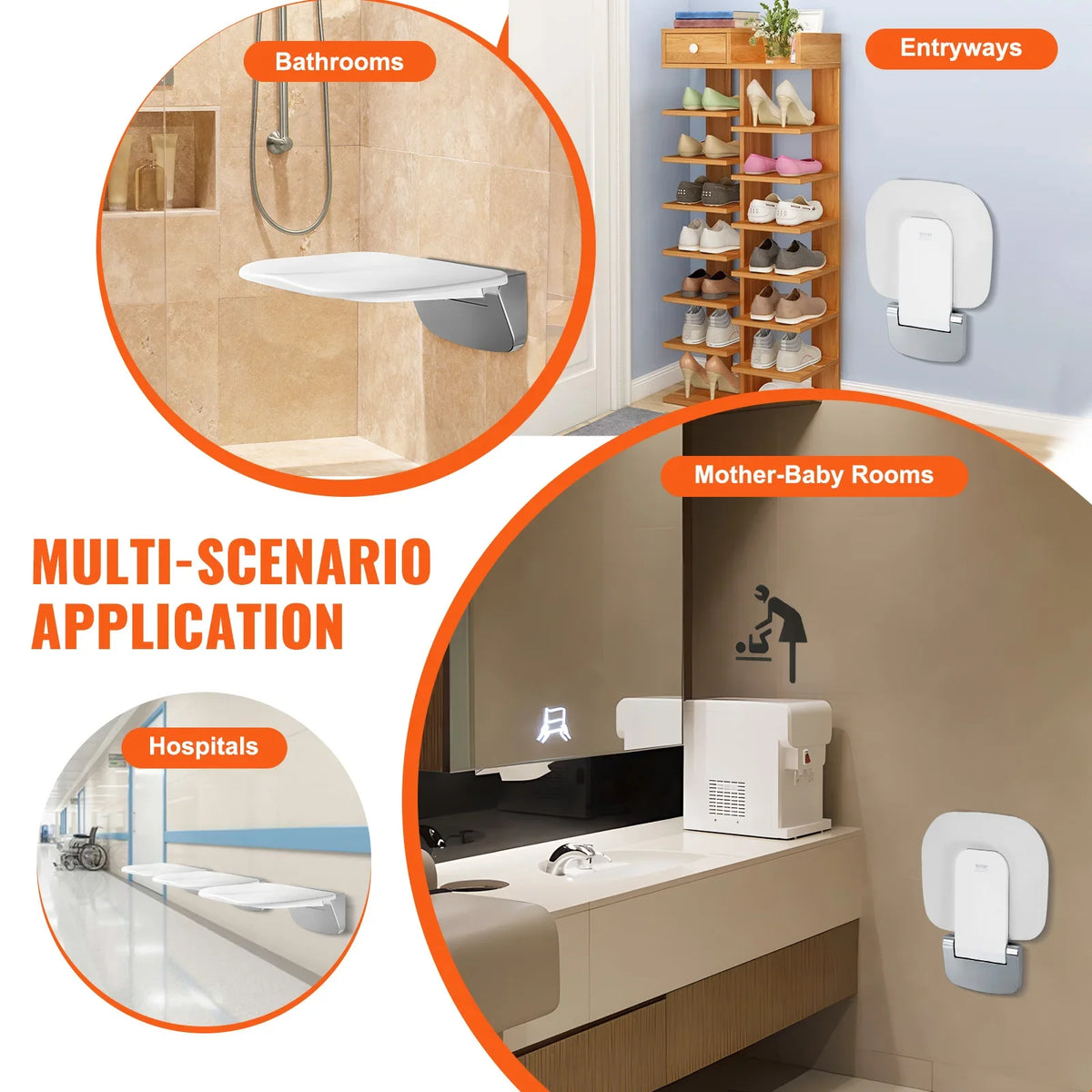 Folding ABS Shower Seat  13.6''x12.8'' Unfolded Wall Mounted Fold Up Shower Bench with 440 lbs Load Capacity Shower Chair