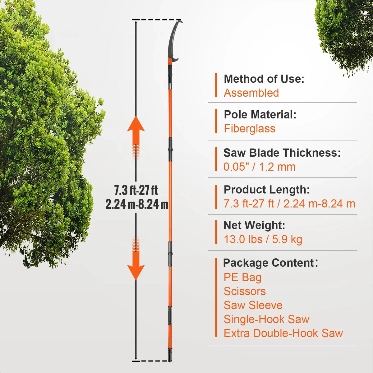 Manual Pole Saw 7.3-27 ft Extendable Tree Pruner High Branches Trimming w/8 Fiberglass Handles for Pruning Palms & Shrubs