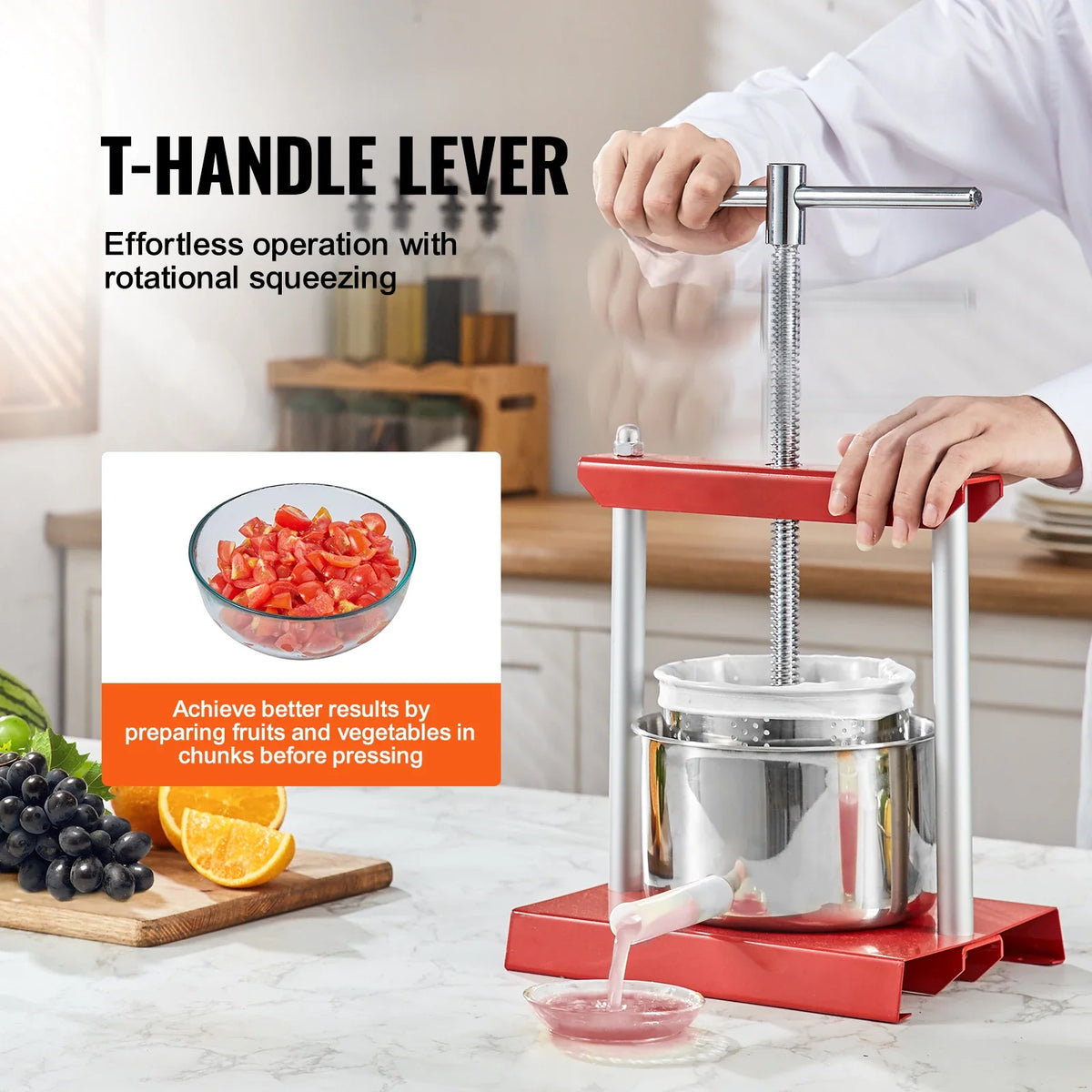 Fruit Wine Press 2/3/6L, 2 Stainless Steel Barrels, Manual Juice Maker with T-Handle for Outdoor, Kitchen, and Home