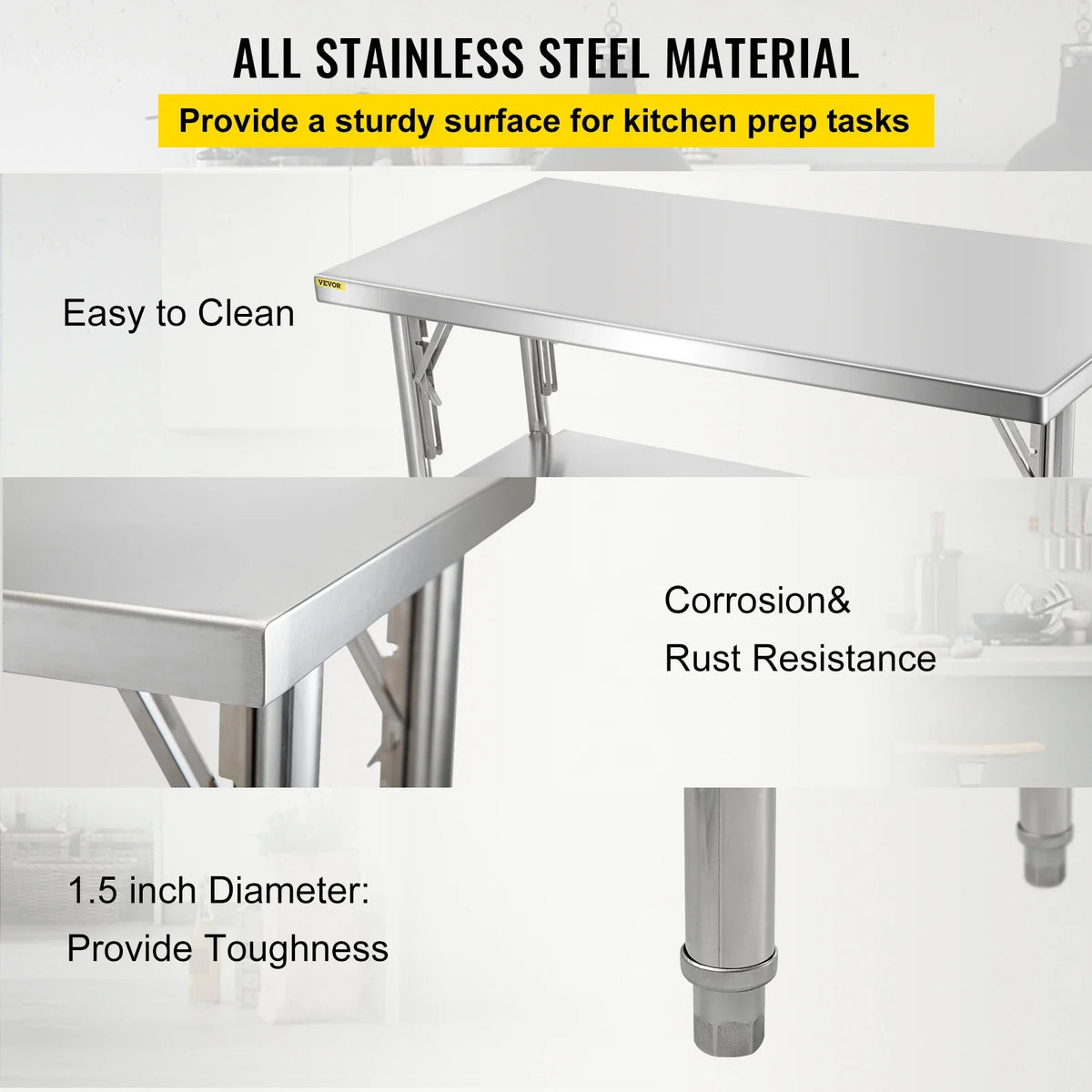 Commercial Worktable Workstation 48 x 24 Inch Folding Prep Table, Heavy-duty Stainless Steel Folding Table w/ 772 lbs Load