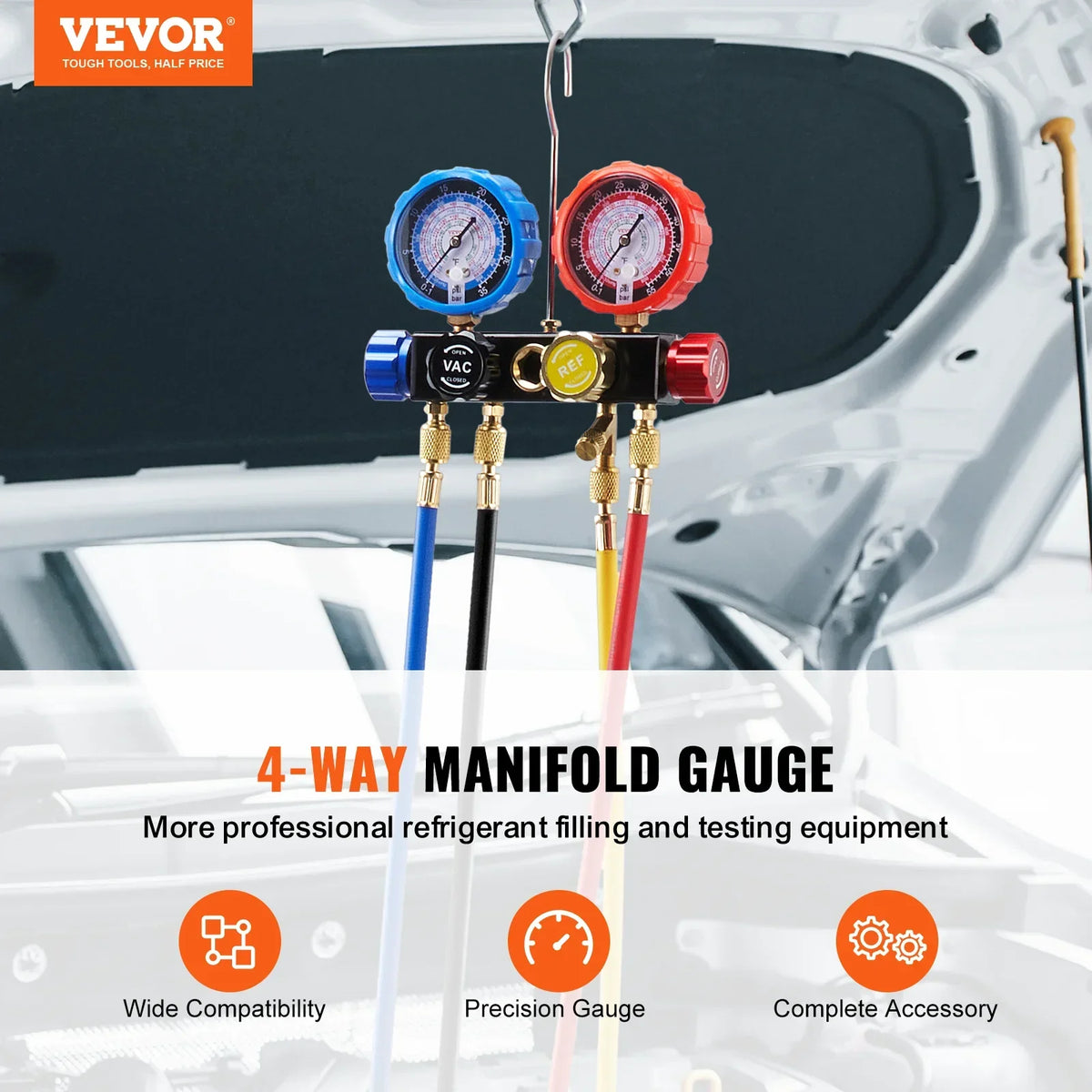 AC Gauge - AC Manifold Gauge Set for R134A R22 R12 R410A Refrigerant,Freon Gauges with 5ft Hoses, Couplers, Can Tap