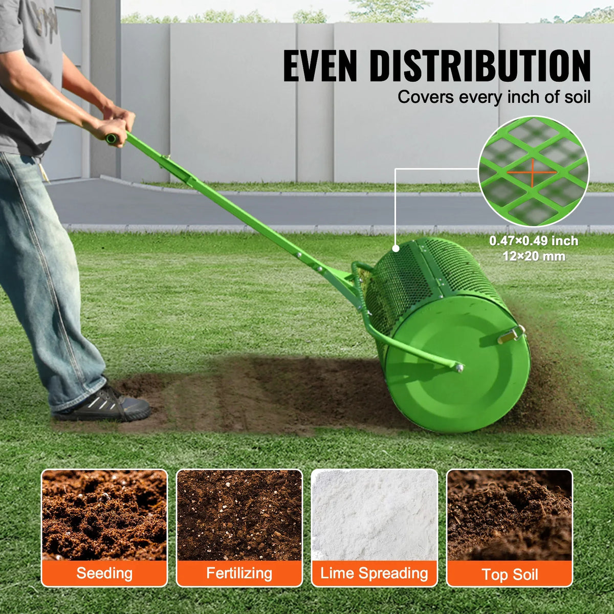 Compost Spreader and Peat Moss Spreader 24 in Push/Tow-Behind Roller Lawn Spreader with Height Adjustable T Shaped Handle