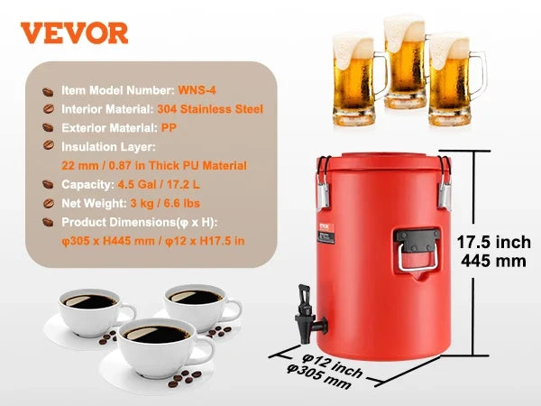 Stainless Steel Insulated Beverage Dispenser,17.2L,Thermal Hot and Cold Drink Server Dispenser w/Spigot Handle for Hot Tea