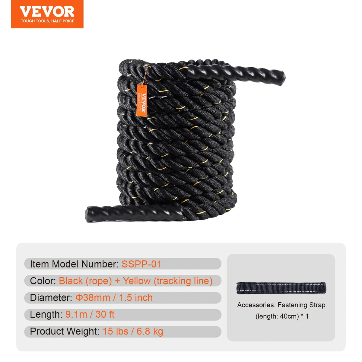 Battle Rope  1.5 Inch Diameter 30Ft Length  for Home Gym  Body Workout Core Strength Training Muscle Building Fitness