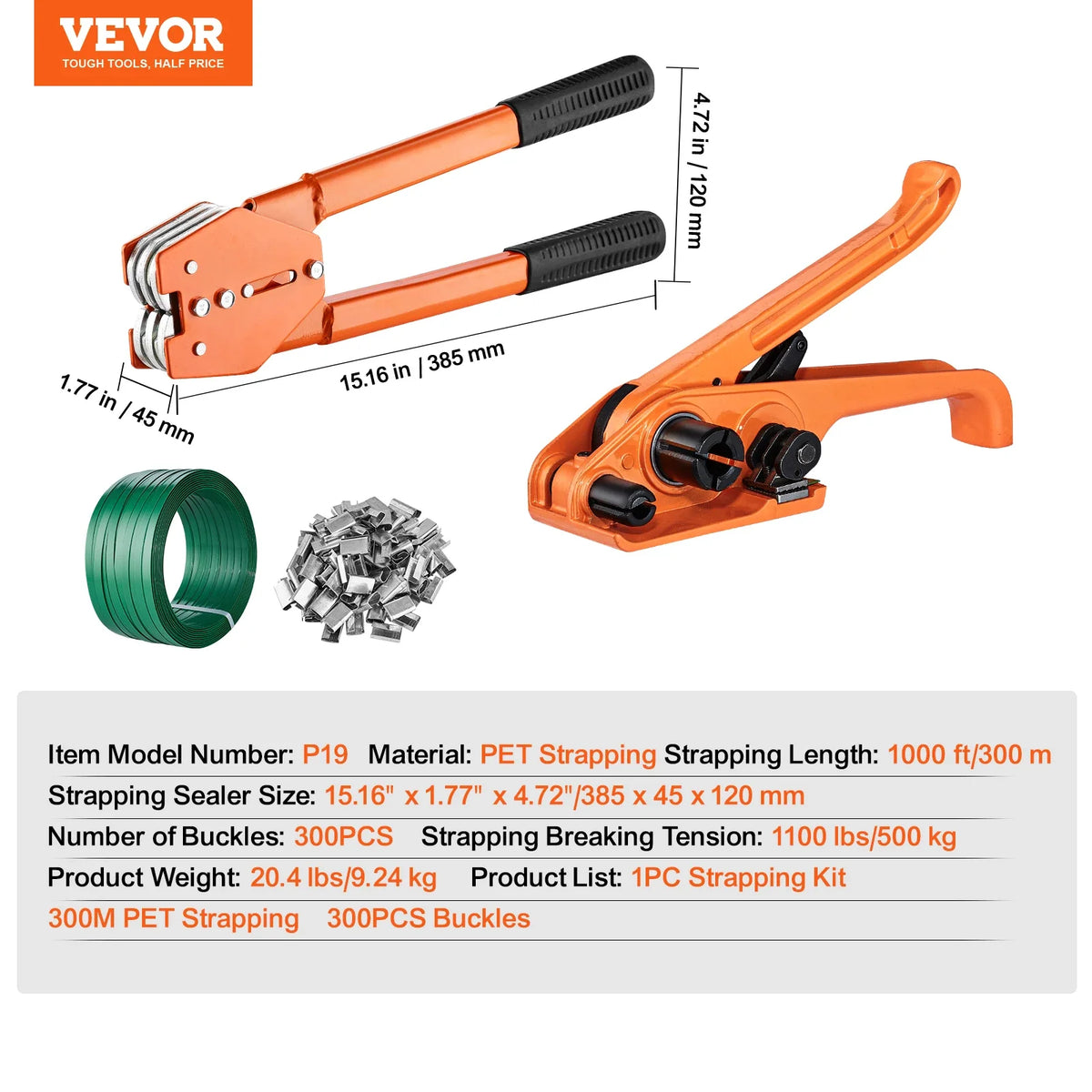 Manual Plastic Strapping Banding Machine Packing Strap Baler with Tension Tool Packer 1000ft PET Band 300 Metal Seals Kit
