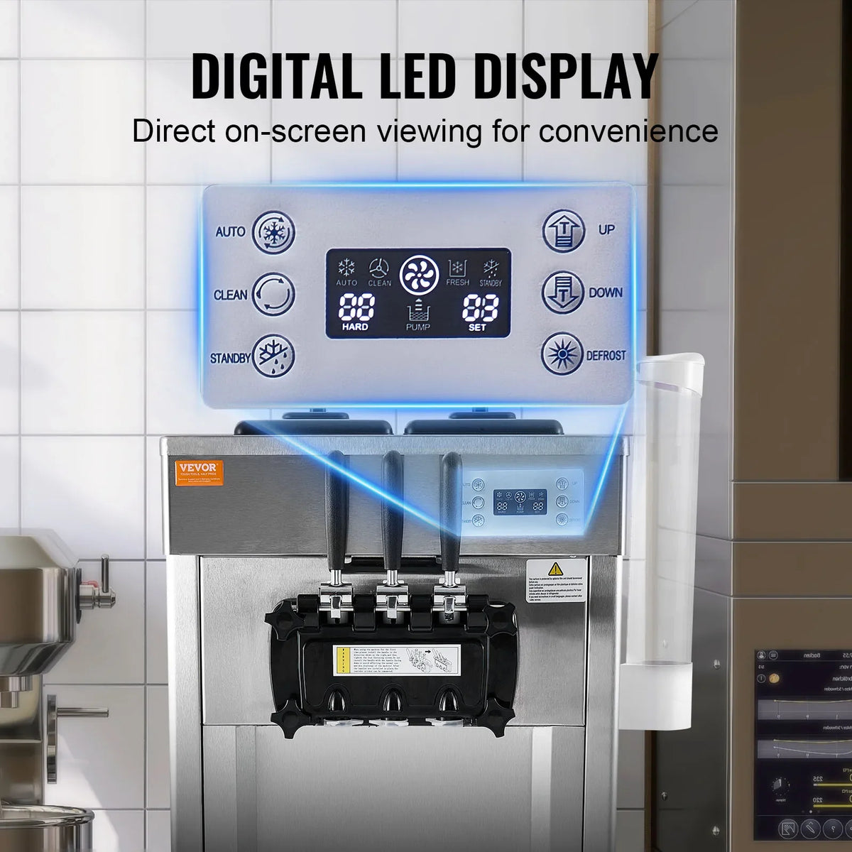 2200W Commercial Soft Ice Cream Machine 3 Flavors 5.3 to 7.4Gallon per Hour PreCooling at Night Auto Clean LCD Panel