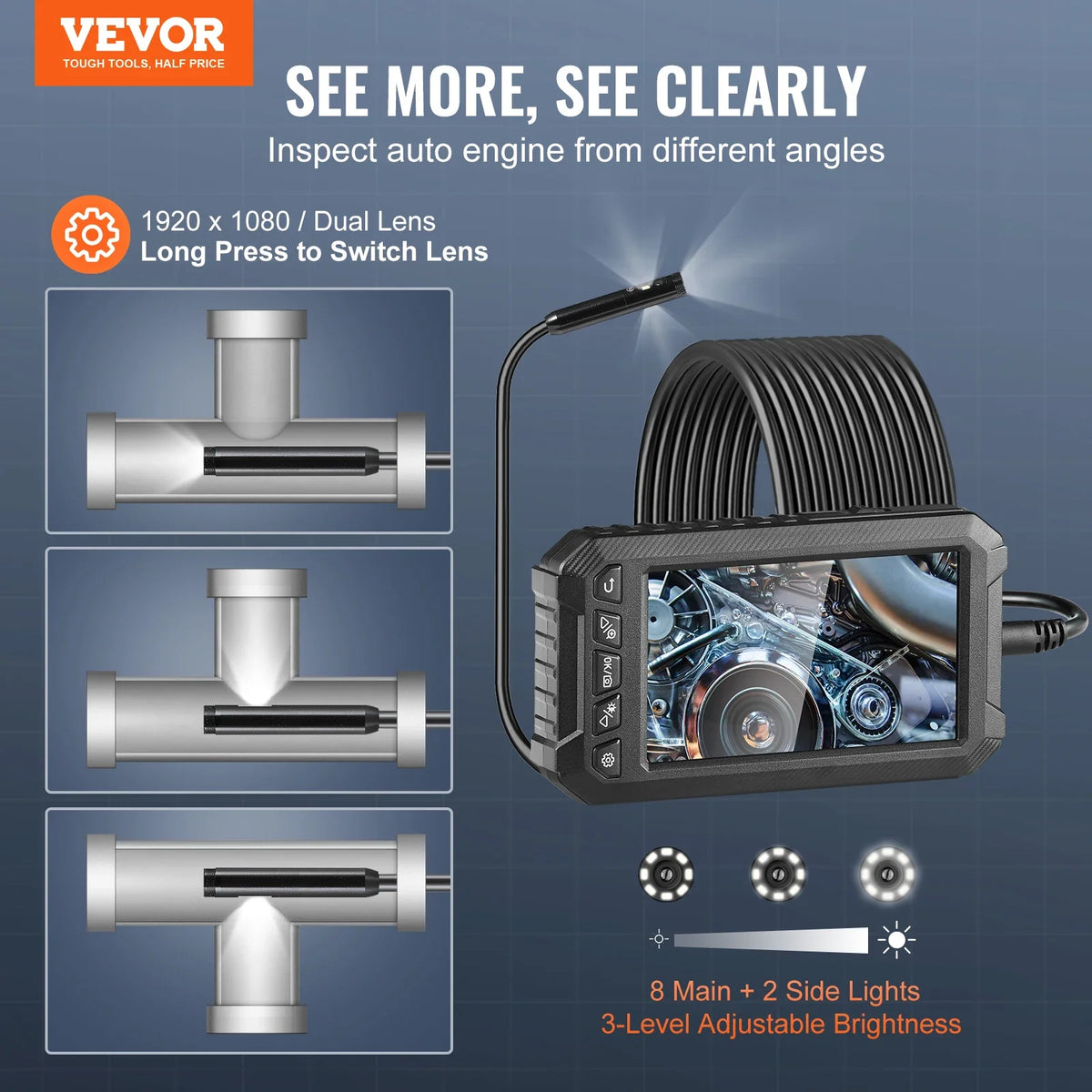 Endoscope Camera with Light Triple Lens Industrial Borescope 5" Screen 1080P Inspection Camera for Automotive, Plumbing