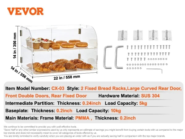 2/3 Tray Clear Pastry Display Case Acrylic Commercial Countertop Bakery Display Case with Front and Rear Door for Bread