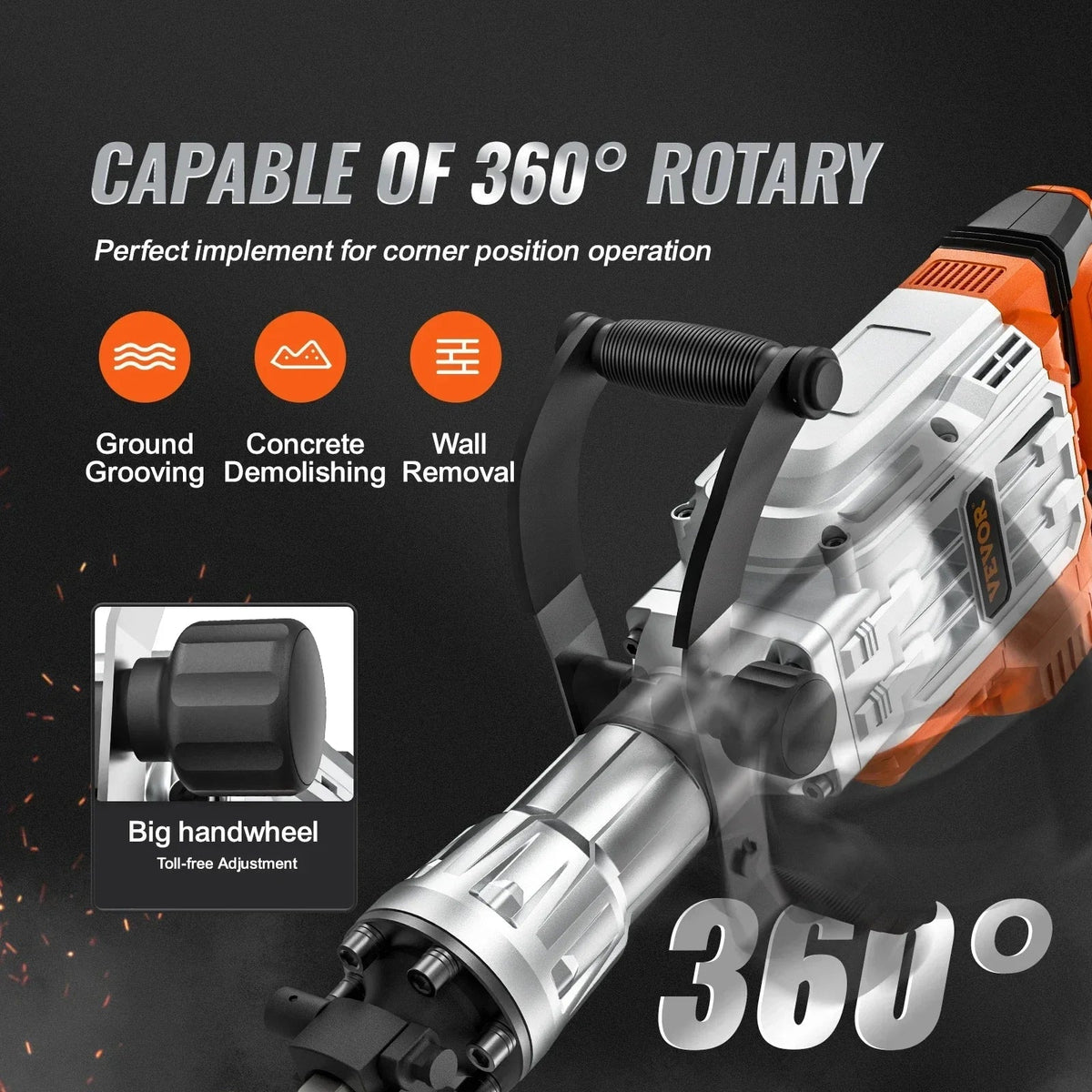 3500W Demolition Jack Hammer 60J Electric Jackhammer Concrete Breaker with 2 Chisel Bits for Trenching and Breaking Holes