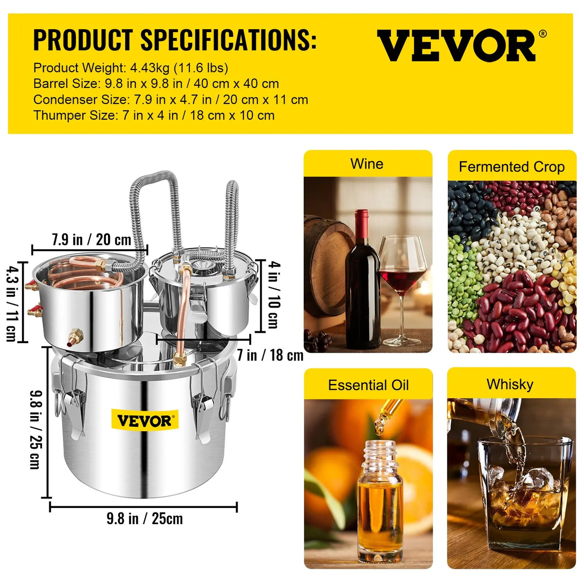 11L-50L Stainless Steel Moonshine Still Distiller w/Copper Tube, Built-in Thermometer & Circulating Pump- Home Brewing Kit