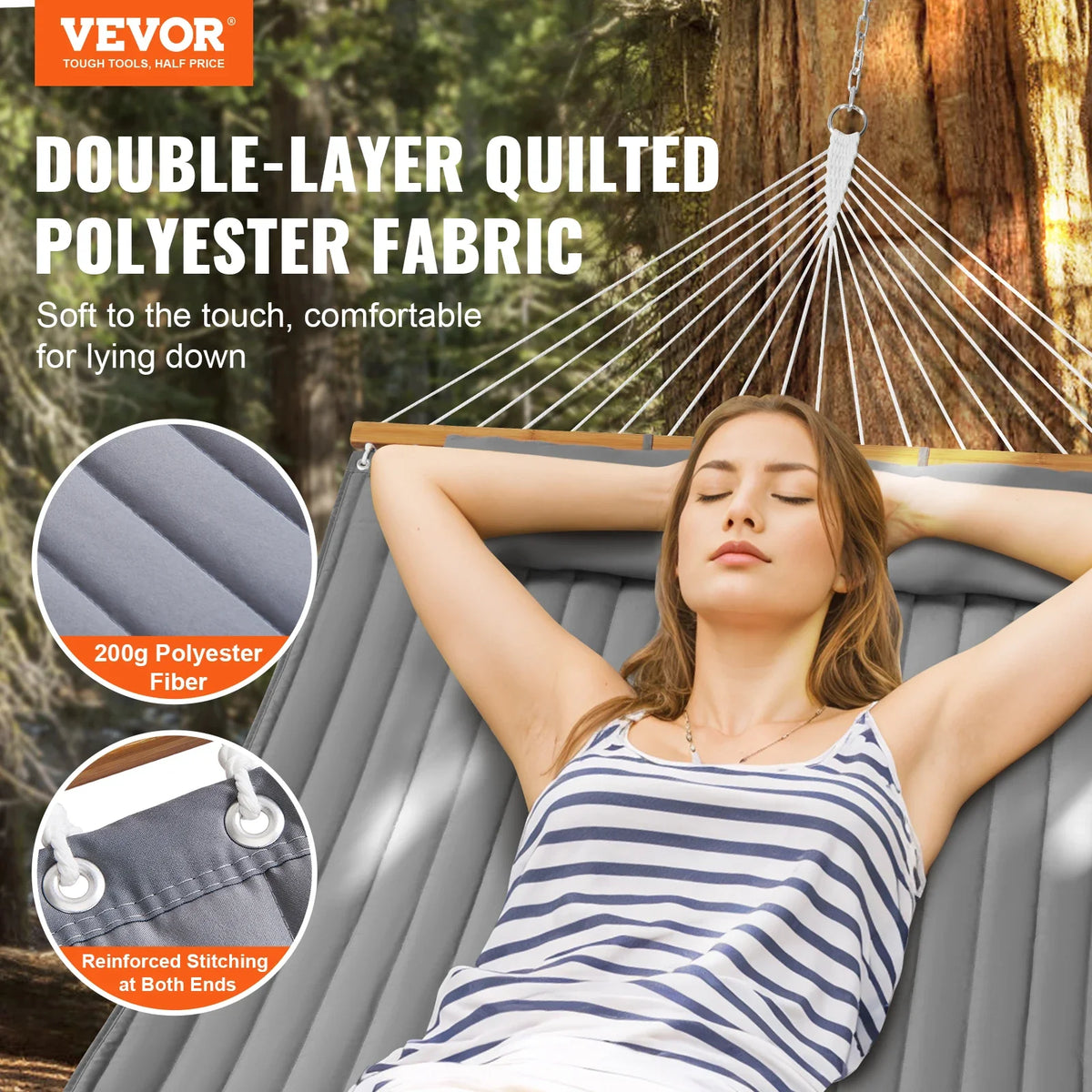 Double Quilted Fabric Hammock 12 FT 480 lbs Double Hammock 2 Person Quilted Hammock for Camping Outdoor Patio Yard Beach