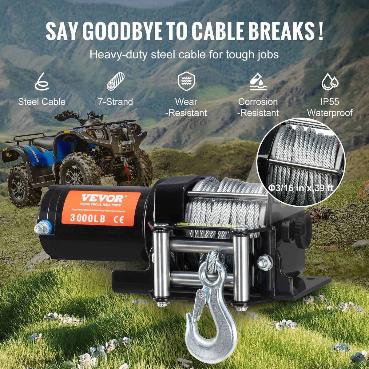 Electric Winch, 3000/3500 lb Line Pull Capacity, 12V DC ATV/UTV Winch , IP55 Waterproof for Towing UTV ATV Off-Road
