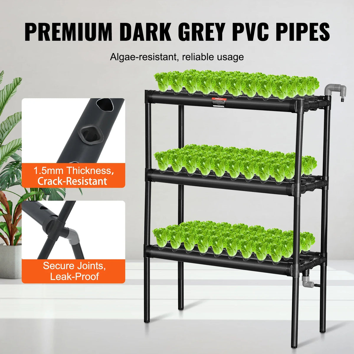 Hydroponics Growing System 108 Sites 3 Layers Dark Grey PVC Pipes Hydroponic Grow Kit with Water Timer Baskets and Sponges