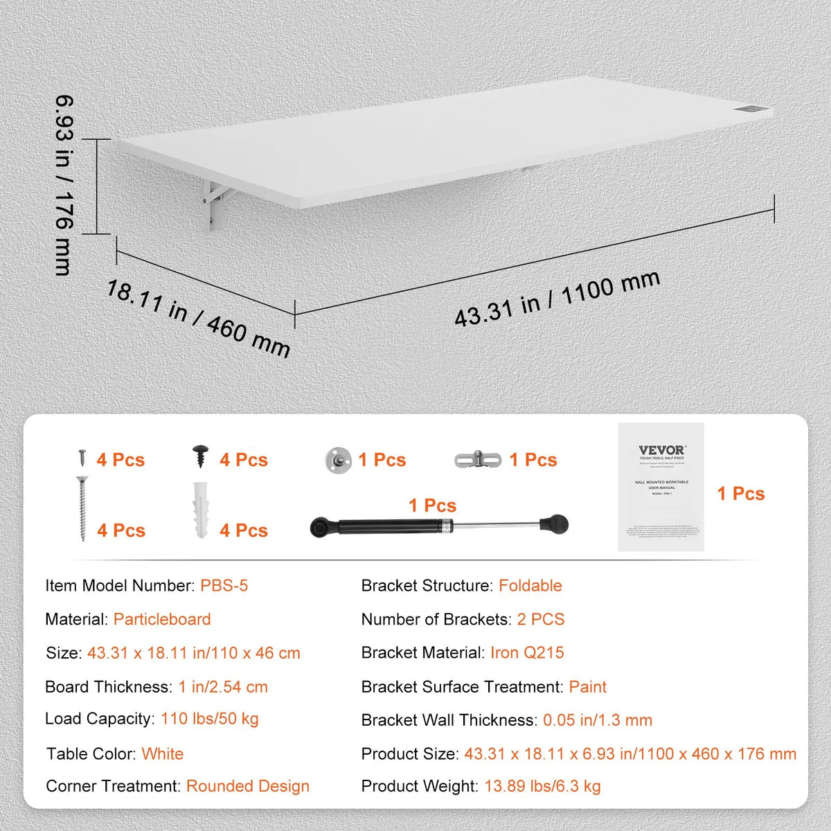 Wall Mounted Folding Table Wall Mount Drop Leaf Table, Floating Desk with Iron Bracket, Wall Desk Fold Down