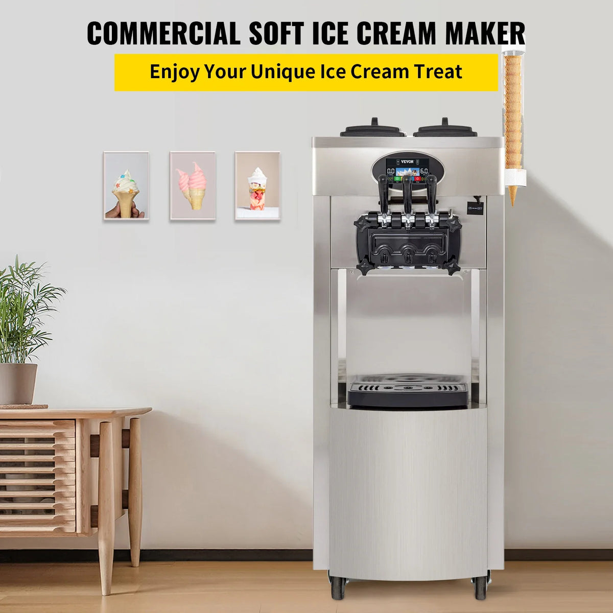 2200W Commercial Soft Ice Cream Machine 3 Flavors 5.3-7.4 Gal/H PreCooling at Night Auto Clean LCD Panel for Restaurants