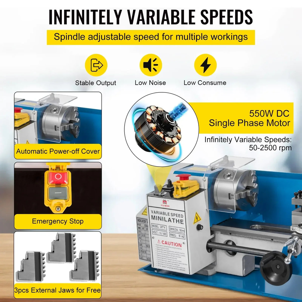 Mini Metal Lathe 550W 7x14 Inch Variable Speed 2250RPM Precision Mini Lathe Machine  With Tool Box For Metal Turning