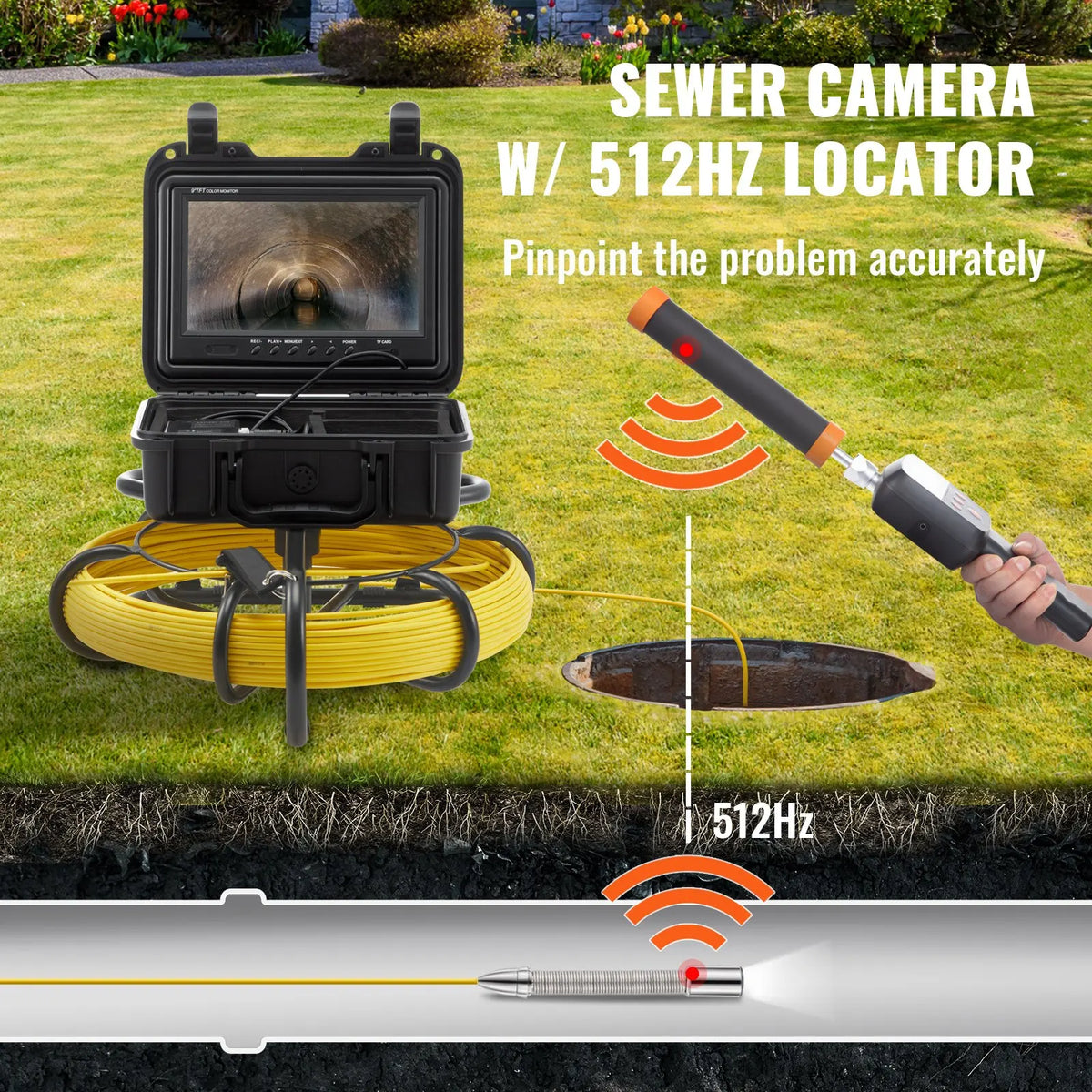 Sewer Camera w/512Hz Locator, 164ft/50m, 9" IP68 Probe, DVR & 12 LEDs, 16GB SD Card - Drain/Pipe/Home Plumbing Inspection