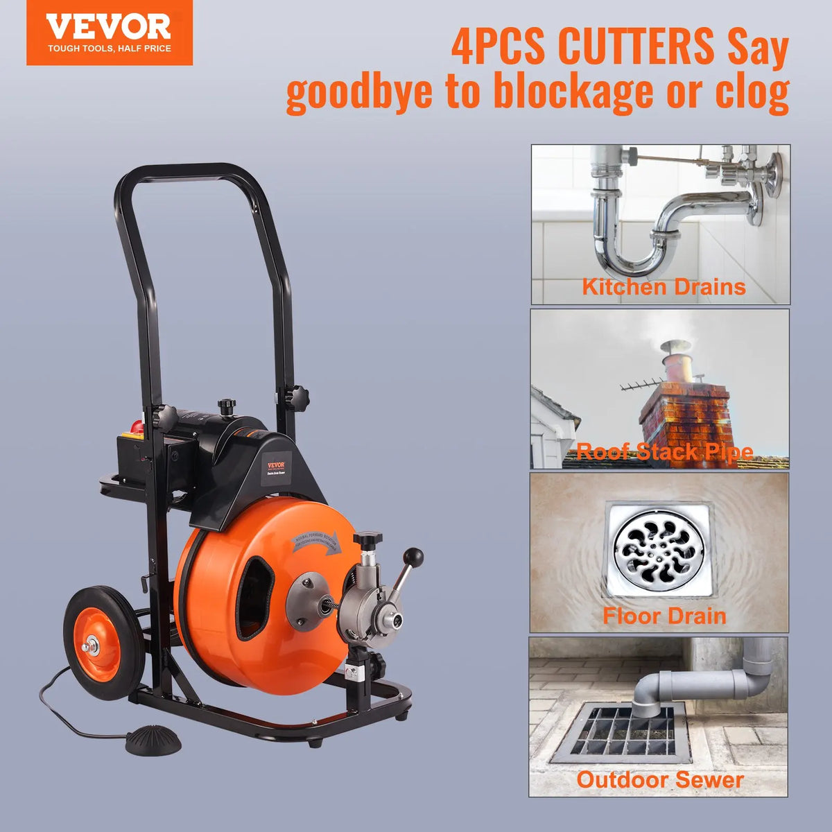Drain Cleaning Machine 100FT x 3/8in,1/2in, 3/4in Sewer Snake Machine Auto Feed with 4 Cutter Air-activated Foot Switch
