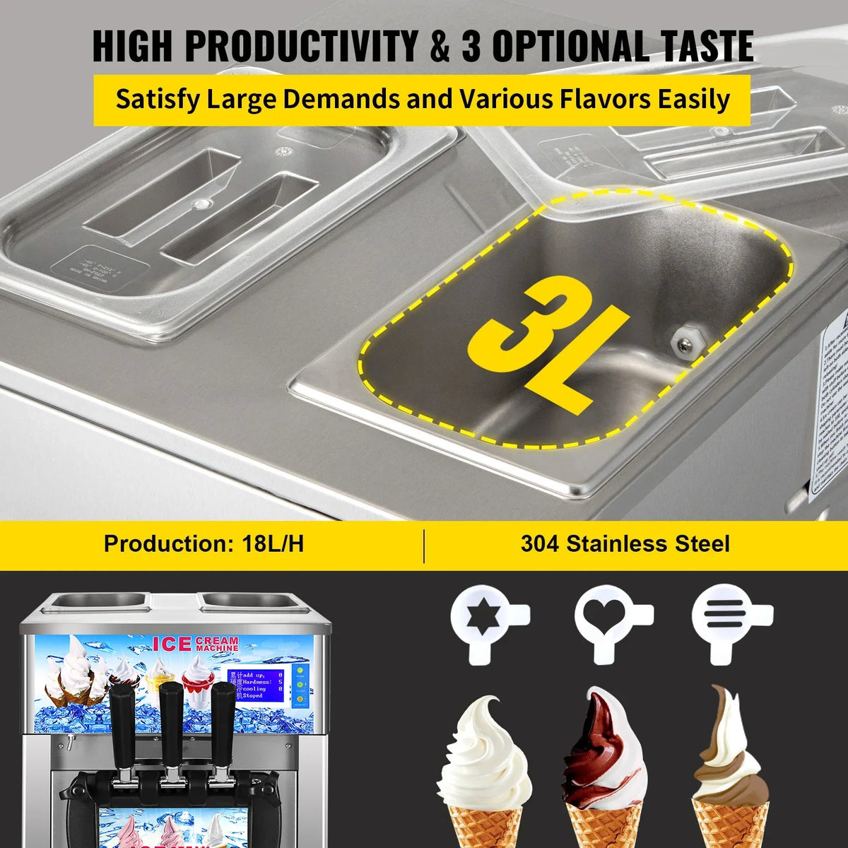Commercial Soft Serve Ice Cream Machine - Tri-Flavor 18L/H with LCD Display & One-Touch Cleaning for Dessert Shops, Cafes