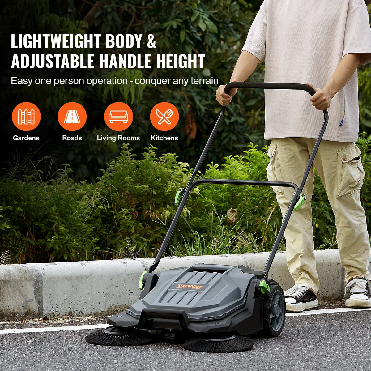 Walk-behind Hand Push Floor Sweeper 25.6" Sweeping Width Floor Sweeper 5-Gallon Waste Container Angle & Height Adjustable