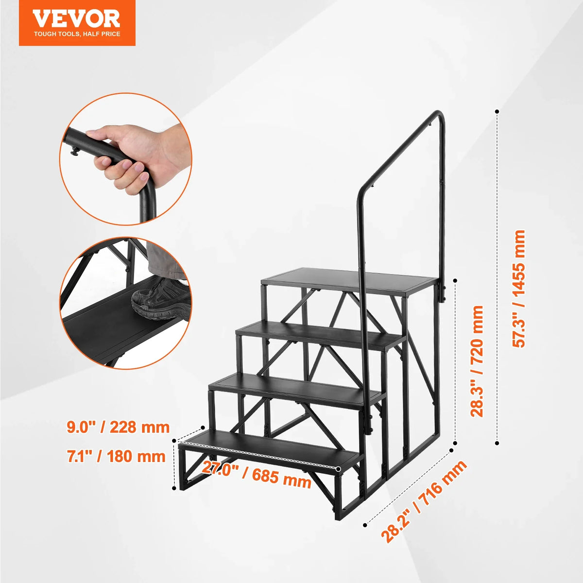 RV Steps 4-Step RV Stairs Thickened Steel Non-Slip Steps for Safe Entry and Exit RV Trailer Camper Steps 440lbs Capacity