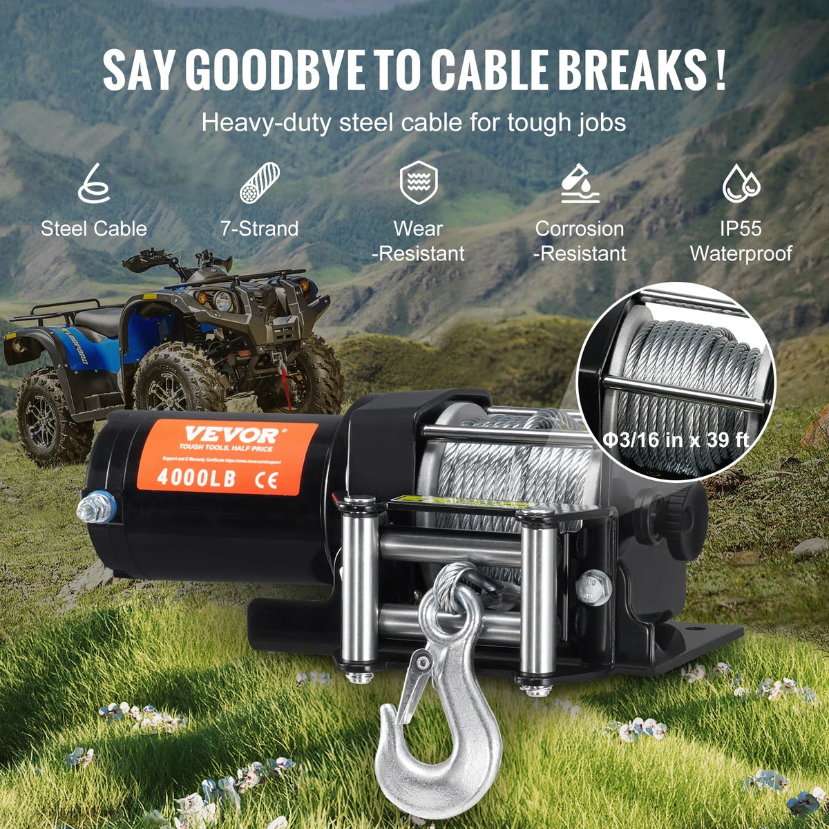 4000lbs Electric Winch with 39ft 7 Strands Steel Cable Wireless & Wired Remote Control ATV/UTV Winch for Truck Towing