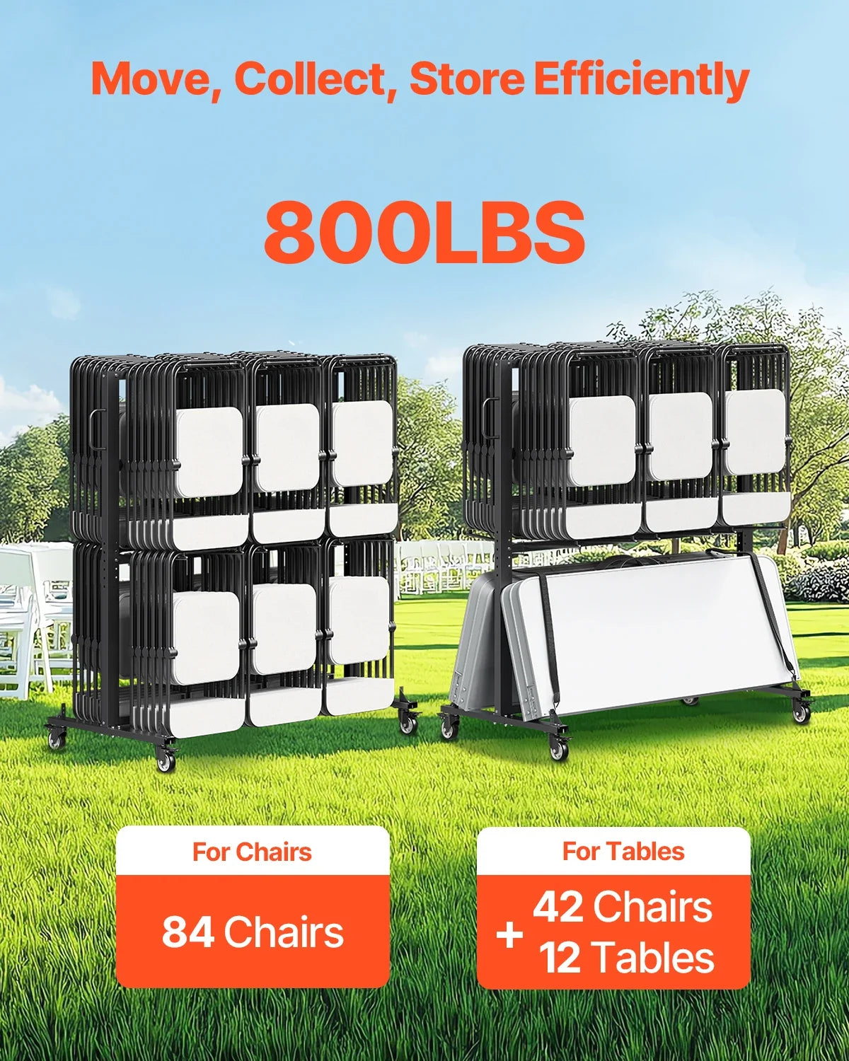 Folding Chair Rack, 800LBS Capacity,Heavy-duty Chair Cart for 84 Chairs/12 Tables+42 Chairs,Dual-layer Chair Storage Dolly