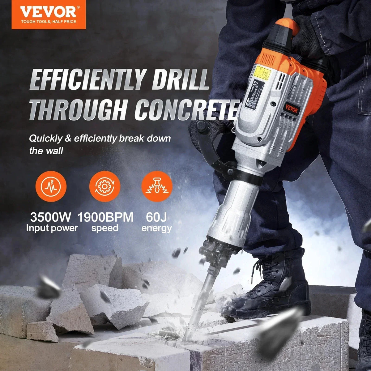 3500W Demolition Jack Hammer 60J Electric Jackhammer Concrete Breaker with 2 Chisel Bits for Trenching and Breaking Holes