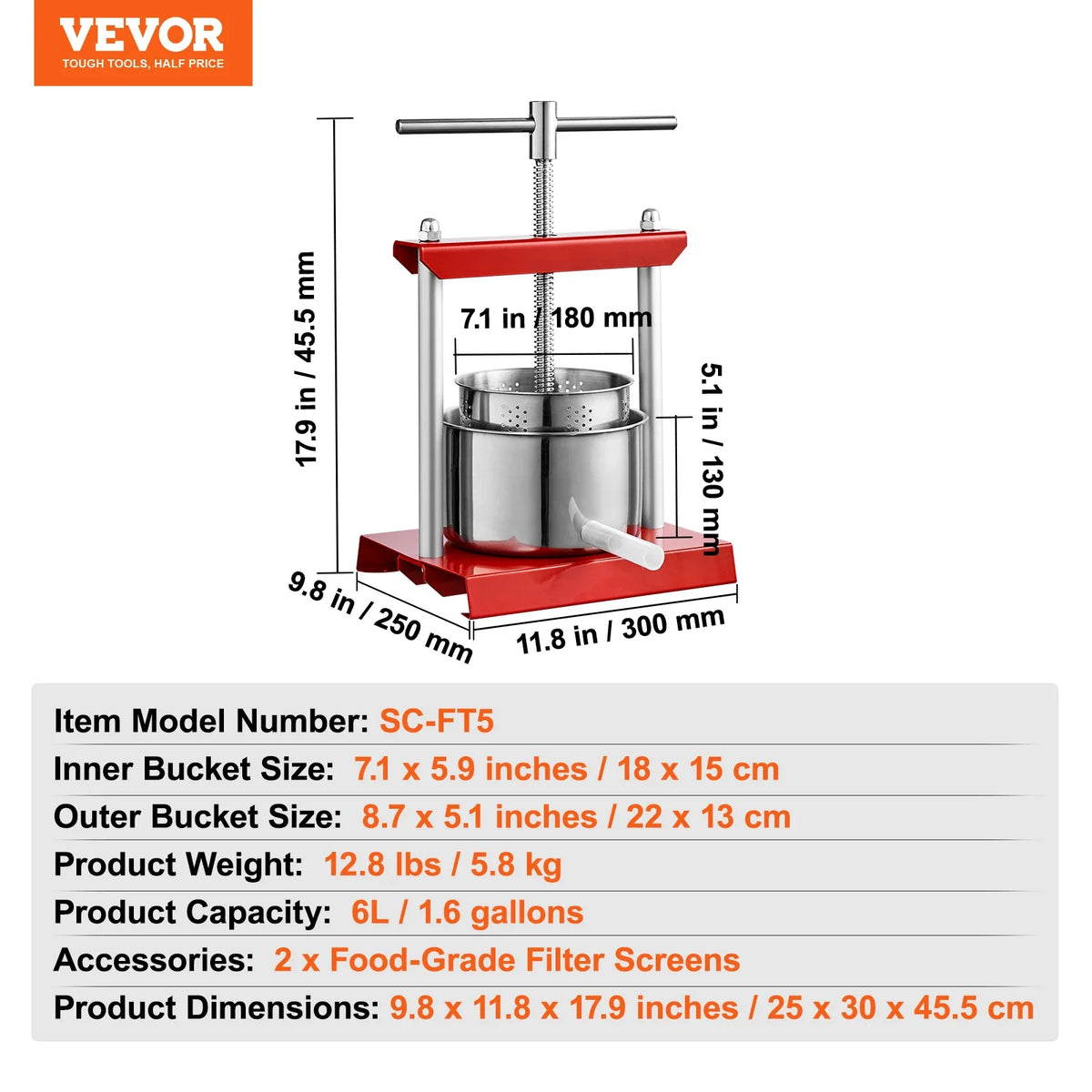 Fruit Wine Press 2/3/6L, 2 Stainless Steel Barrels, Manual Juice Maker with T-Handle for Outdoor, Kitchen, and Home