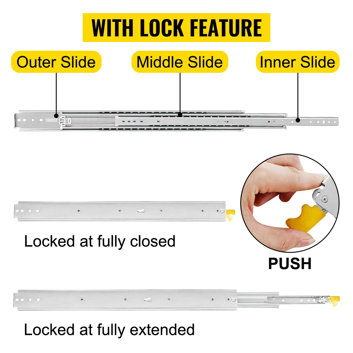 Locking 18"-60" Slides Bearing 500LBS Heavy Duty Drawer Slides 3-Fold Guide Rail Full Extension Ball Industrial 76mm Width