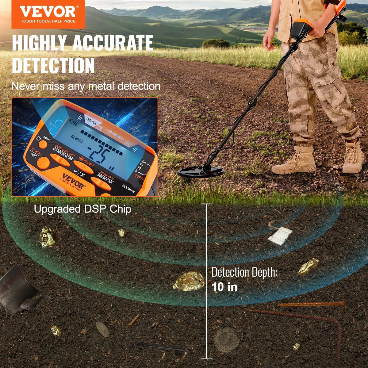 Metal Detector for Adults & Kids with LCD Display 7 Modes DSP Chip Higher Accuracy Gold Detector 10'' Detection Depth