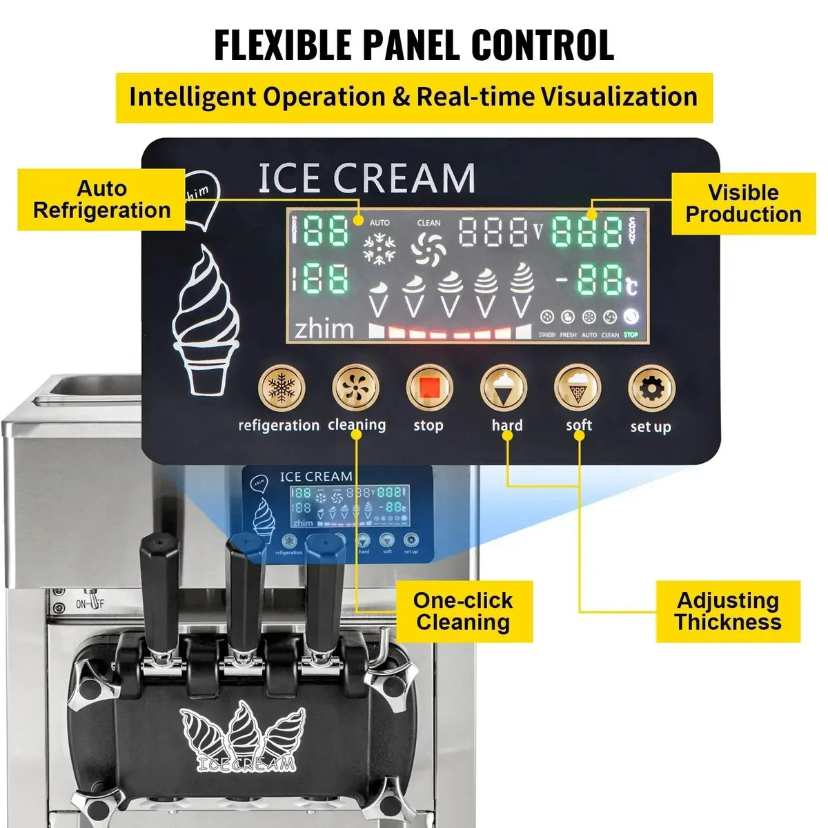 Ice Cream Machine 1200W A168 Panassonic  Compressor Ice Cream Maker 3Flavors Ice Cream Making Machine 4 Nozzles LCD Pannel