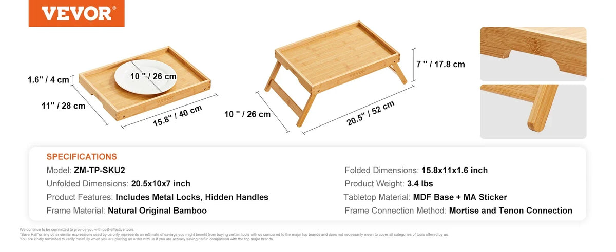 Bamboo Bed Tray Laptop Table with Foldable Legs,Mini Stand Lap Desk/Table,Multifunction Snack/Breakfast Tray Bed Table