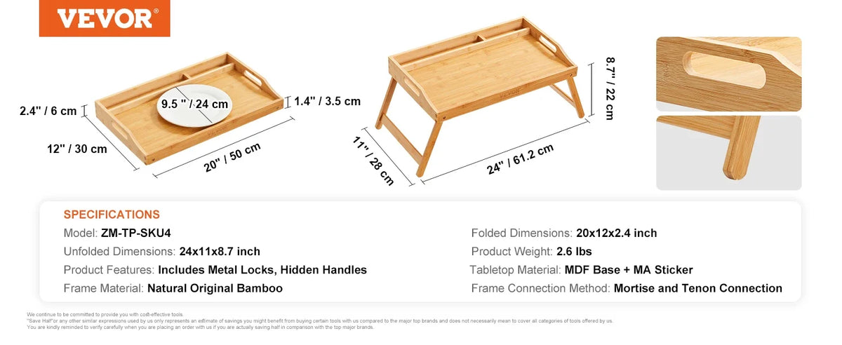 Bamboo Bed Tray Laptop Table with Foldable Legs,Mini Stand Lap Desk/Table,Multifunction Snack/Breakfast Tray Bed Table